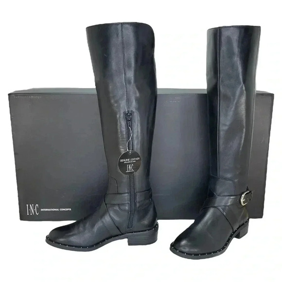 INC International Concepts Shoes - International Concepts Fadora Black Leather Knee High Womens Boots Size 5M